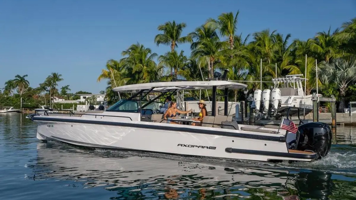 A modern motorboat with two people onboard, cruising near a dock lined with palm trees.