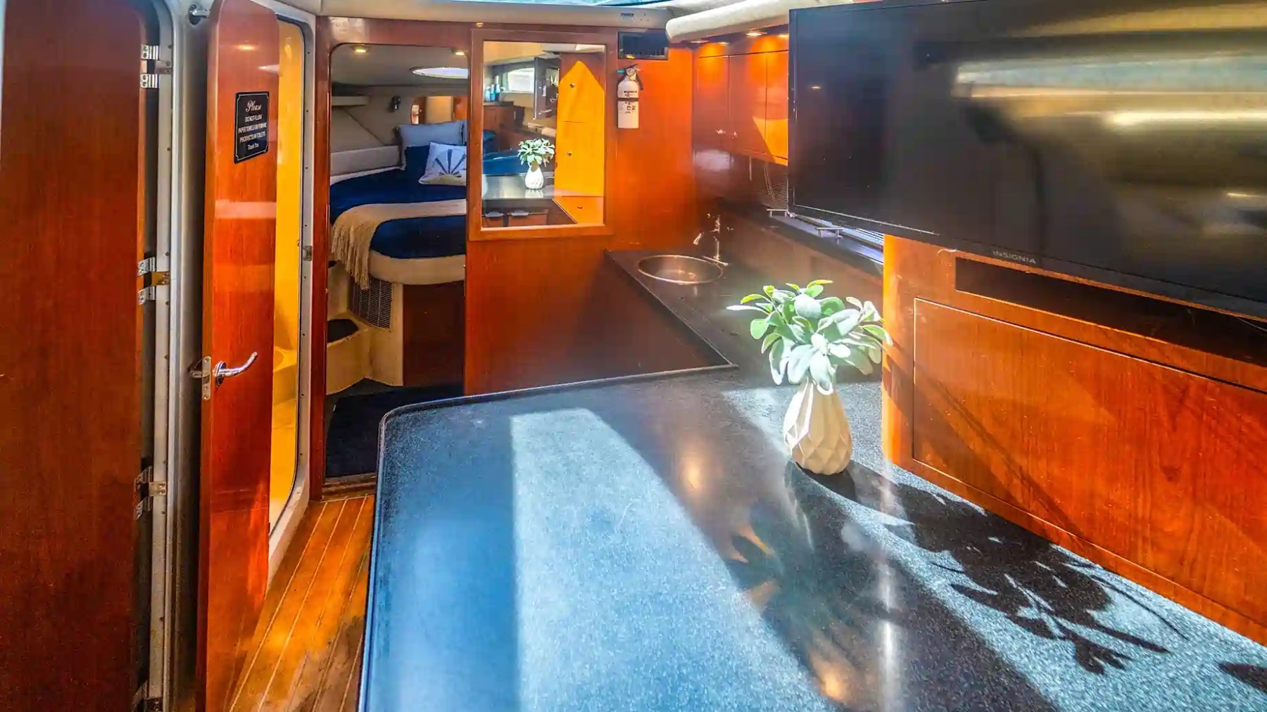 Interior of a yacht with wood paneling, TV, sink, and potted plant on a counter.