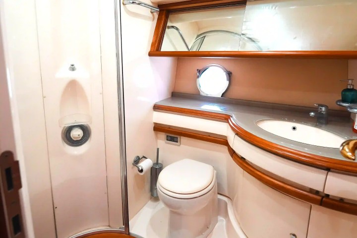 Compact yacht bathroom with toilet, sink, shower, and mirror.