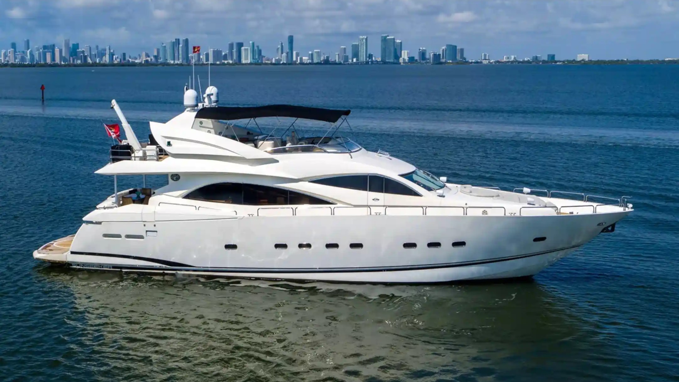 White luxury yacht on blue water with city skyline in the background.
