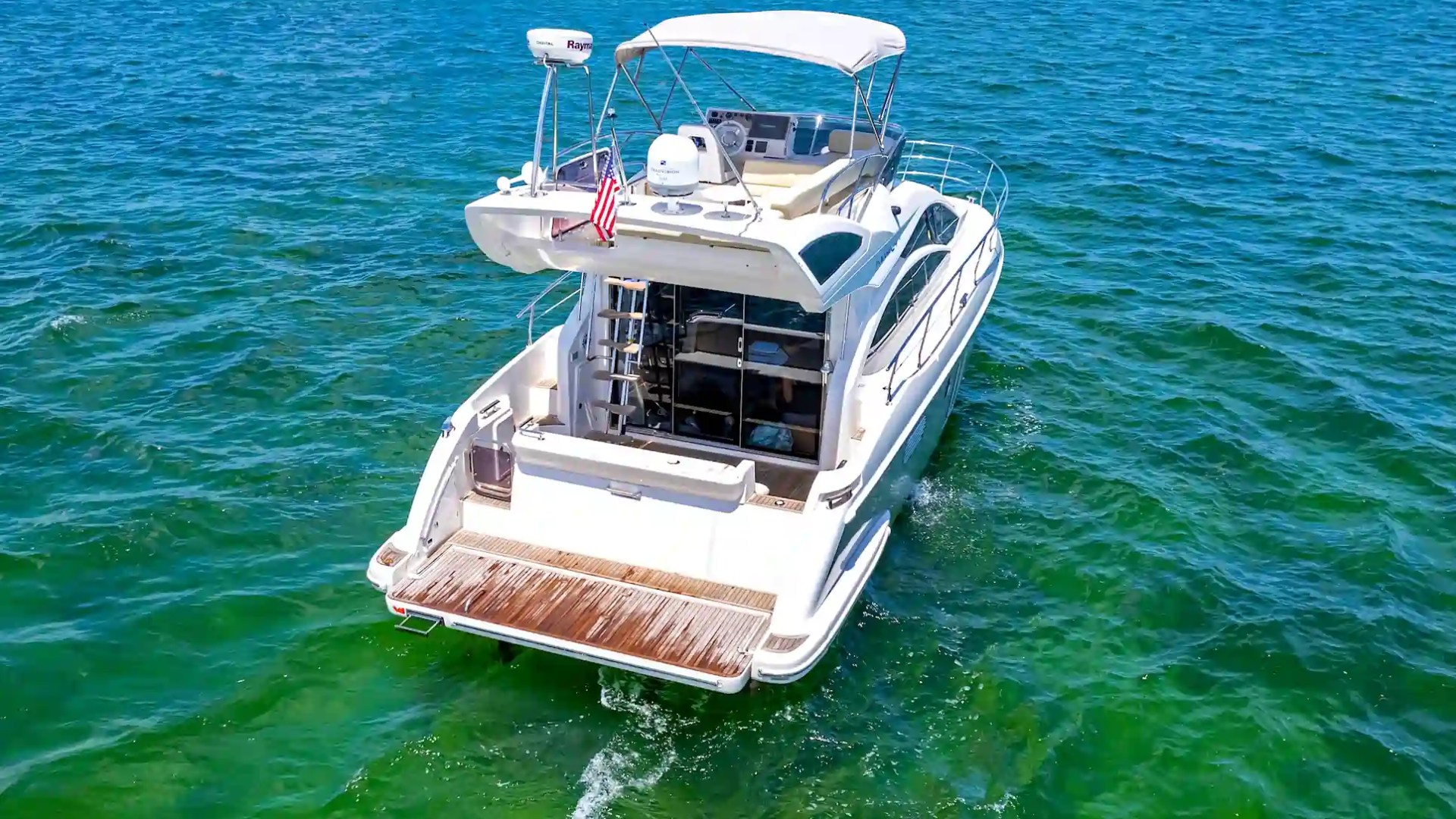 45' Azimut boat rental Miami aerial view cruising Biscayne Bay near Miami Beach