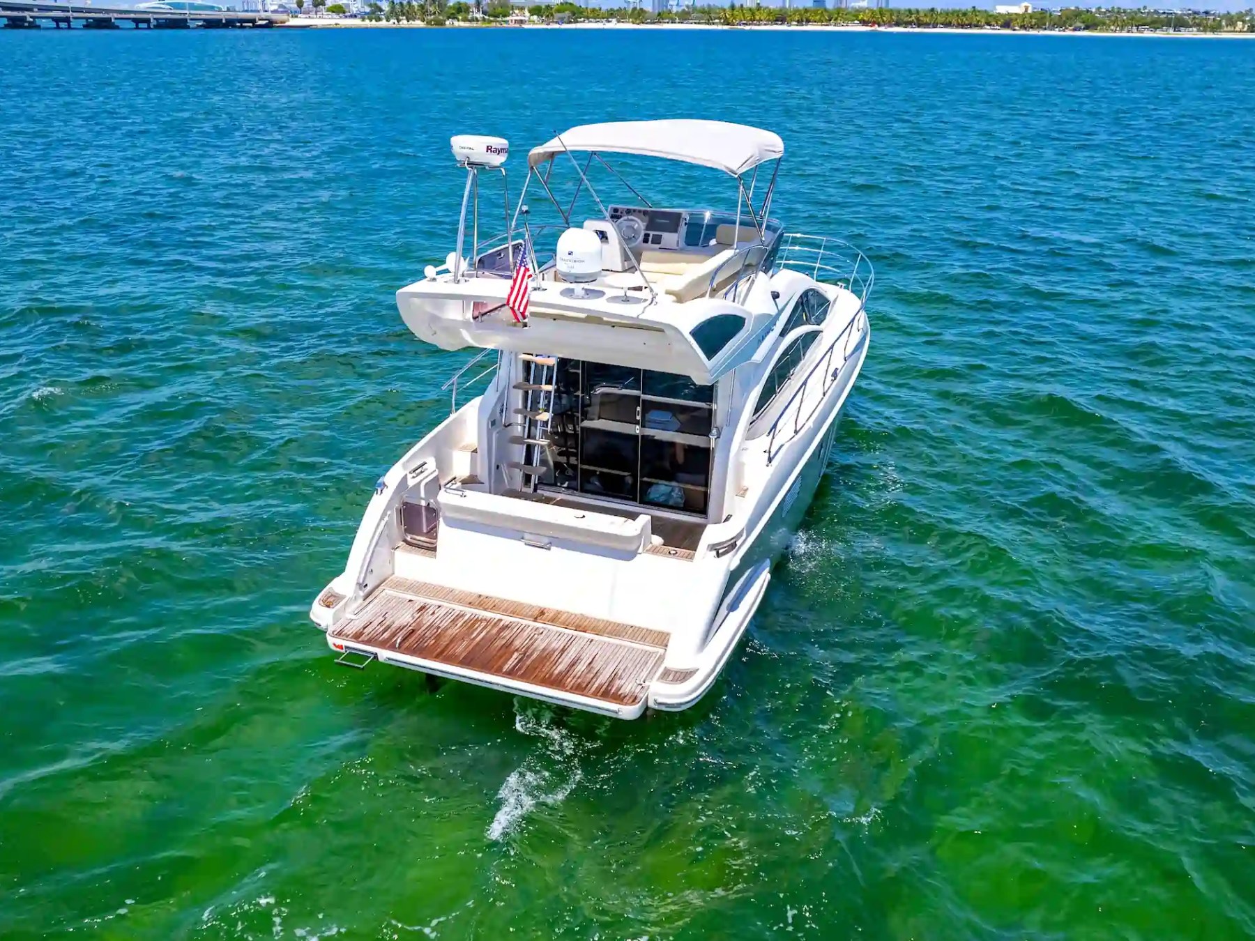 45' Azimut boat rental Hollywood aerial view cruising Biscayne Bay near Miami Beach
