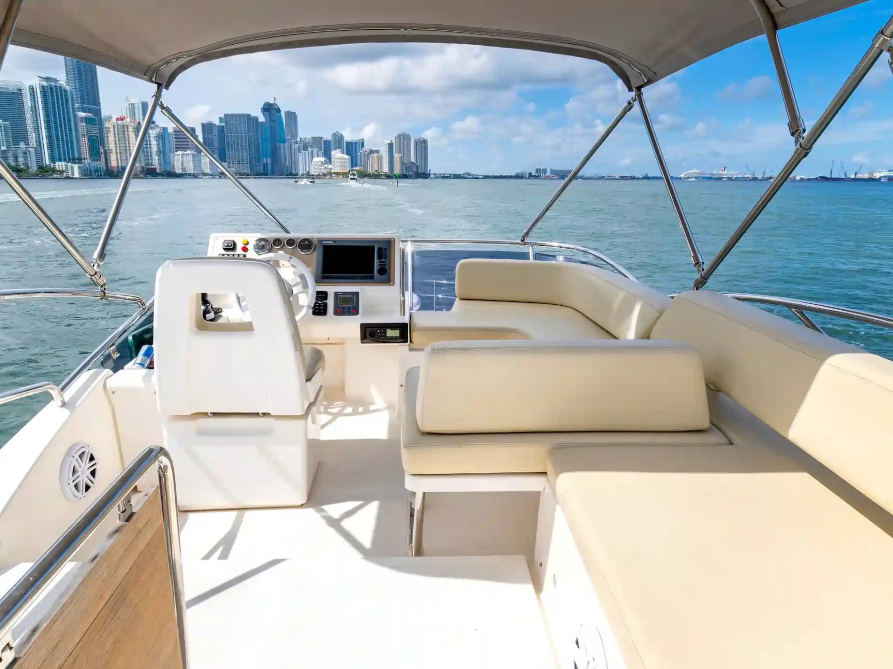 45' Azimut boat rental Hollywood flybridge seating helm view Biscayne Bay skyline