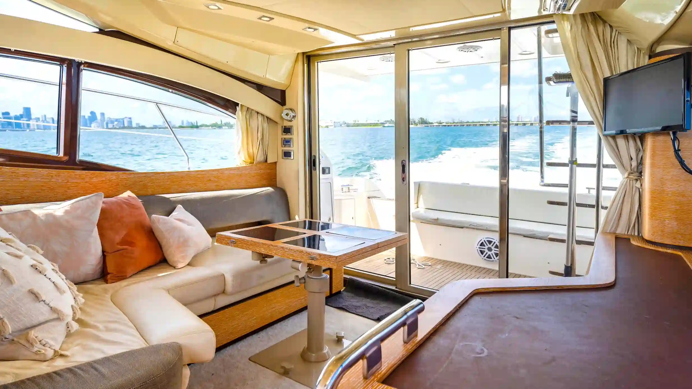 45' Azimut boat rental Hollywood interior salon seating view Biscayne Bay