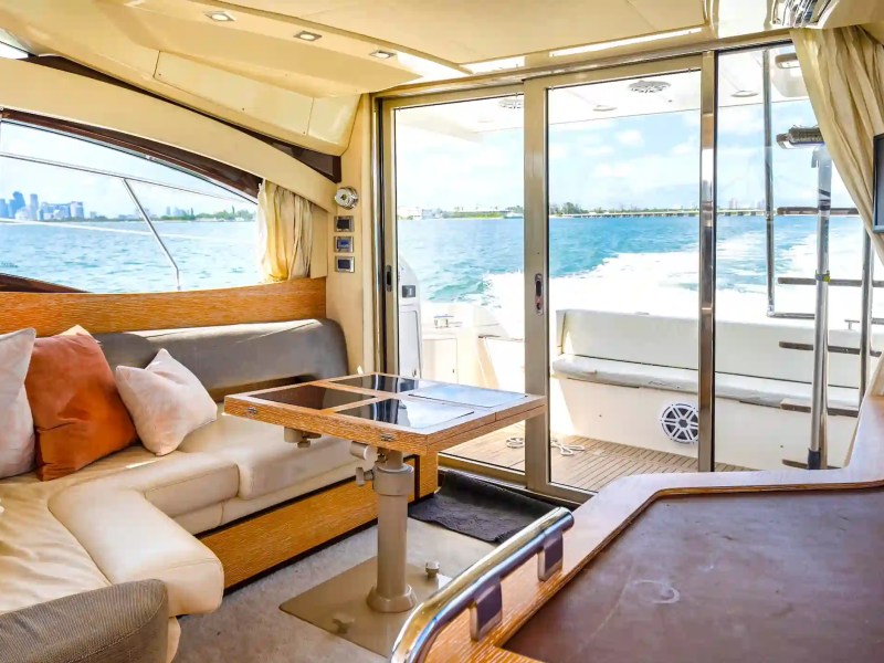 45' Azimut boat rental Miami interior salon seating view Biscayne Bay