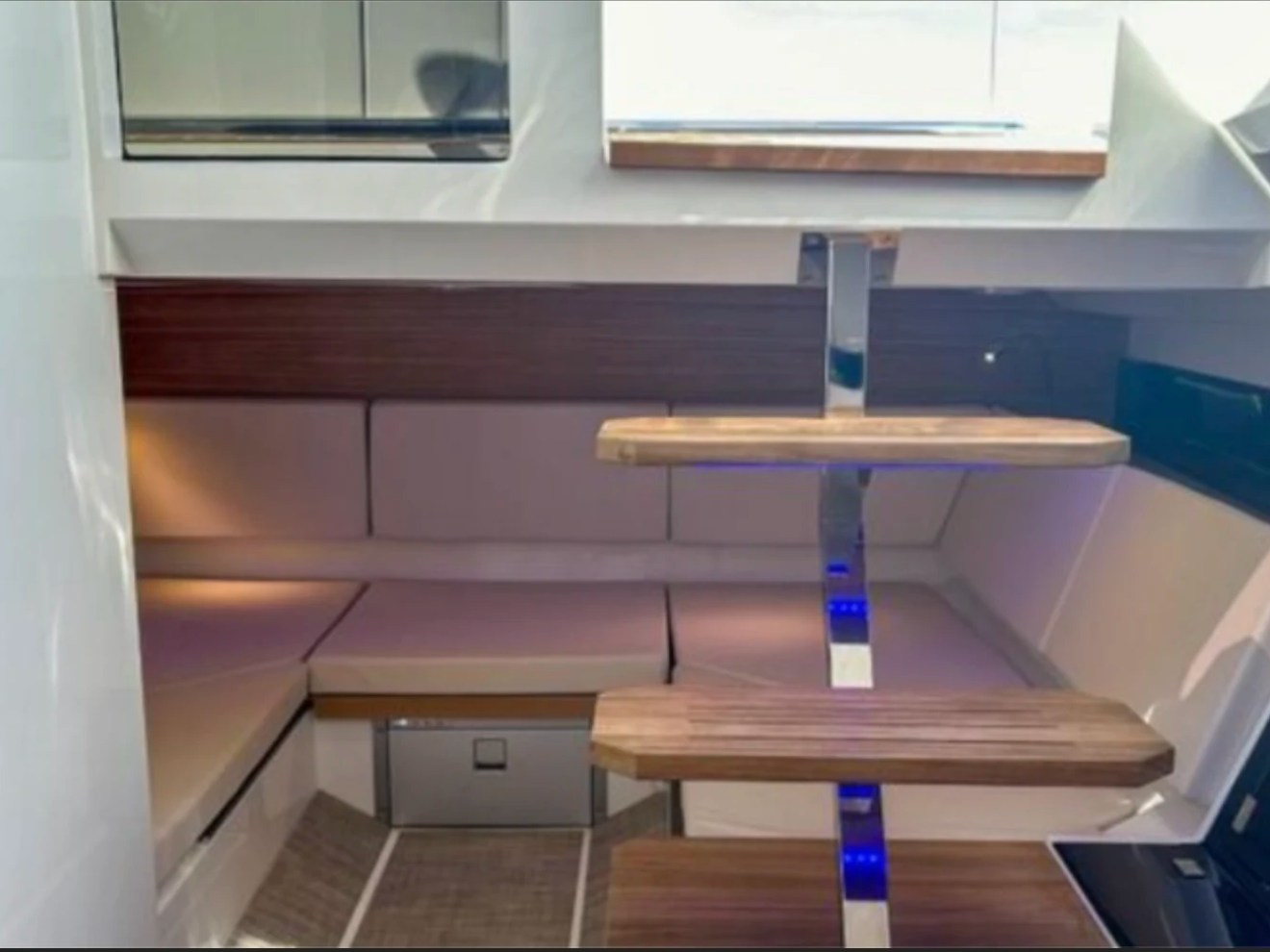 36' De Antonio Boat Rental modern cabin lounge with convertible seating in Delray Beach.