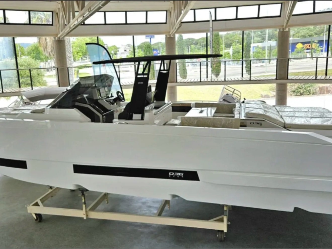 36' De Antonio Boat Rental full starboard profile showcasing modern European design in Delray Beach.
