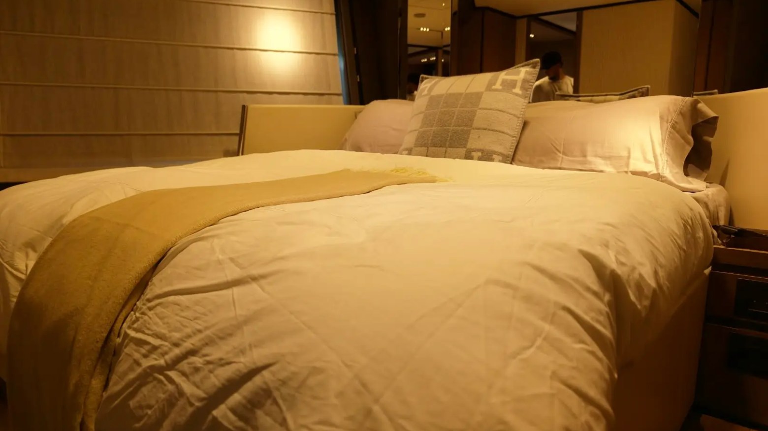 80' Ferretti Yacht Charter master stateroom with queen bed in Miami.