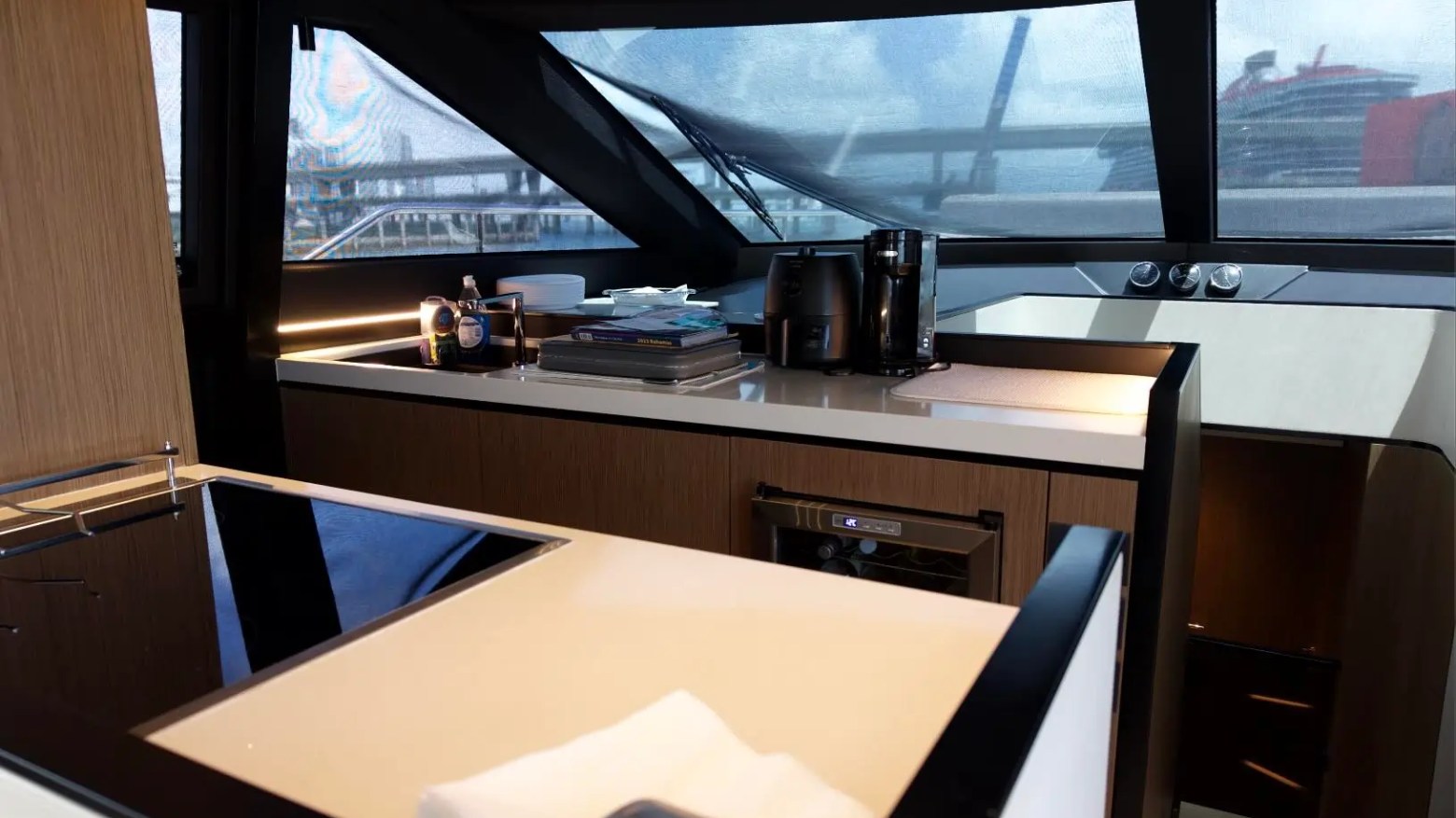 80' Ferretti Yacht Charter modern galley with premium appliances and contemporary finishes in Miami.
