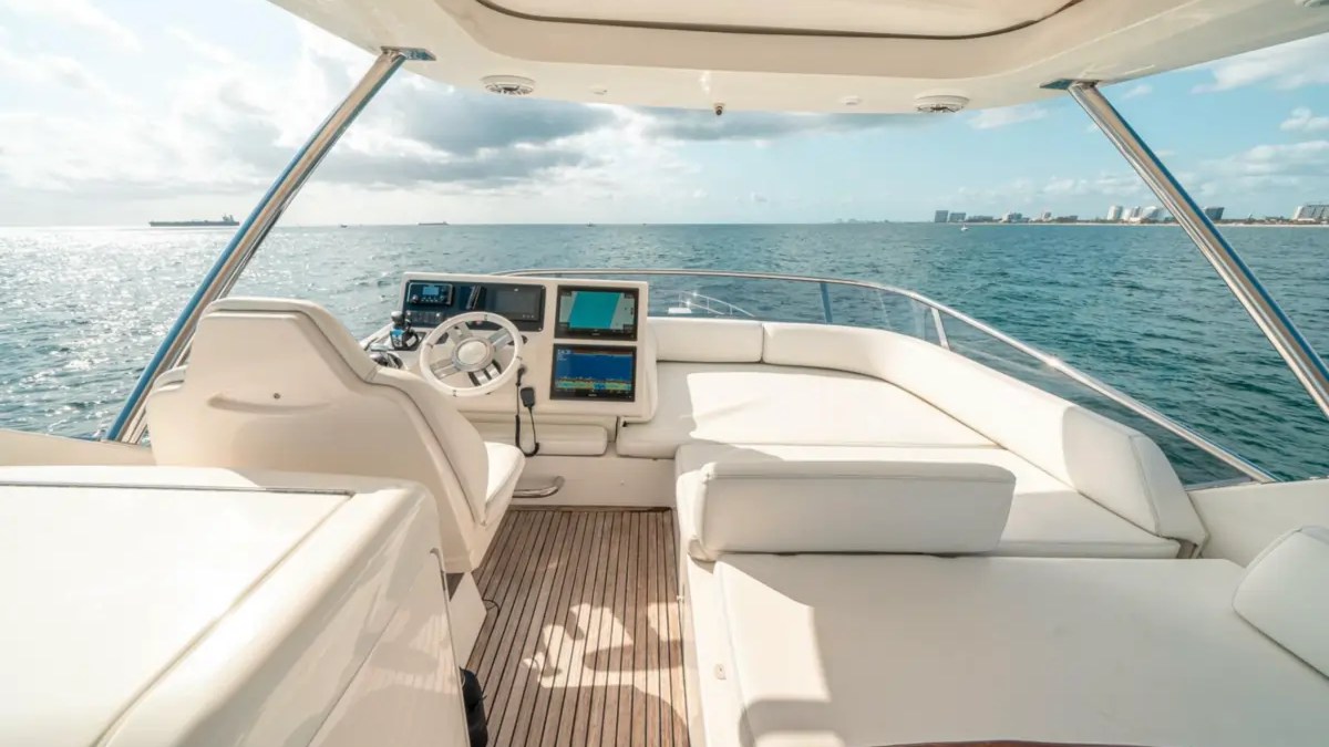 66' Azimut Yacht Charter flybridge helm with panoramic Atlantic Ocean views in Miami Beach.