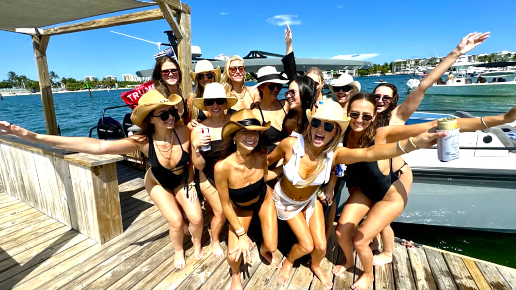 Bachelorette party celebrating during a 37' Axopar Boat Rental adventure from Riviera Beach.