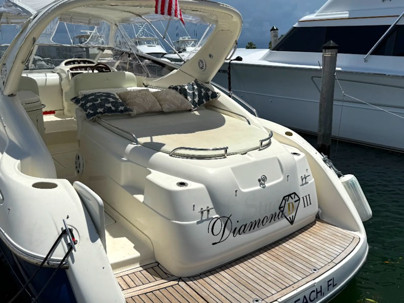 41' Cranchi Boat Rental swim platform with oversized sun pad docked at Riviera Beach Marina.