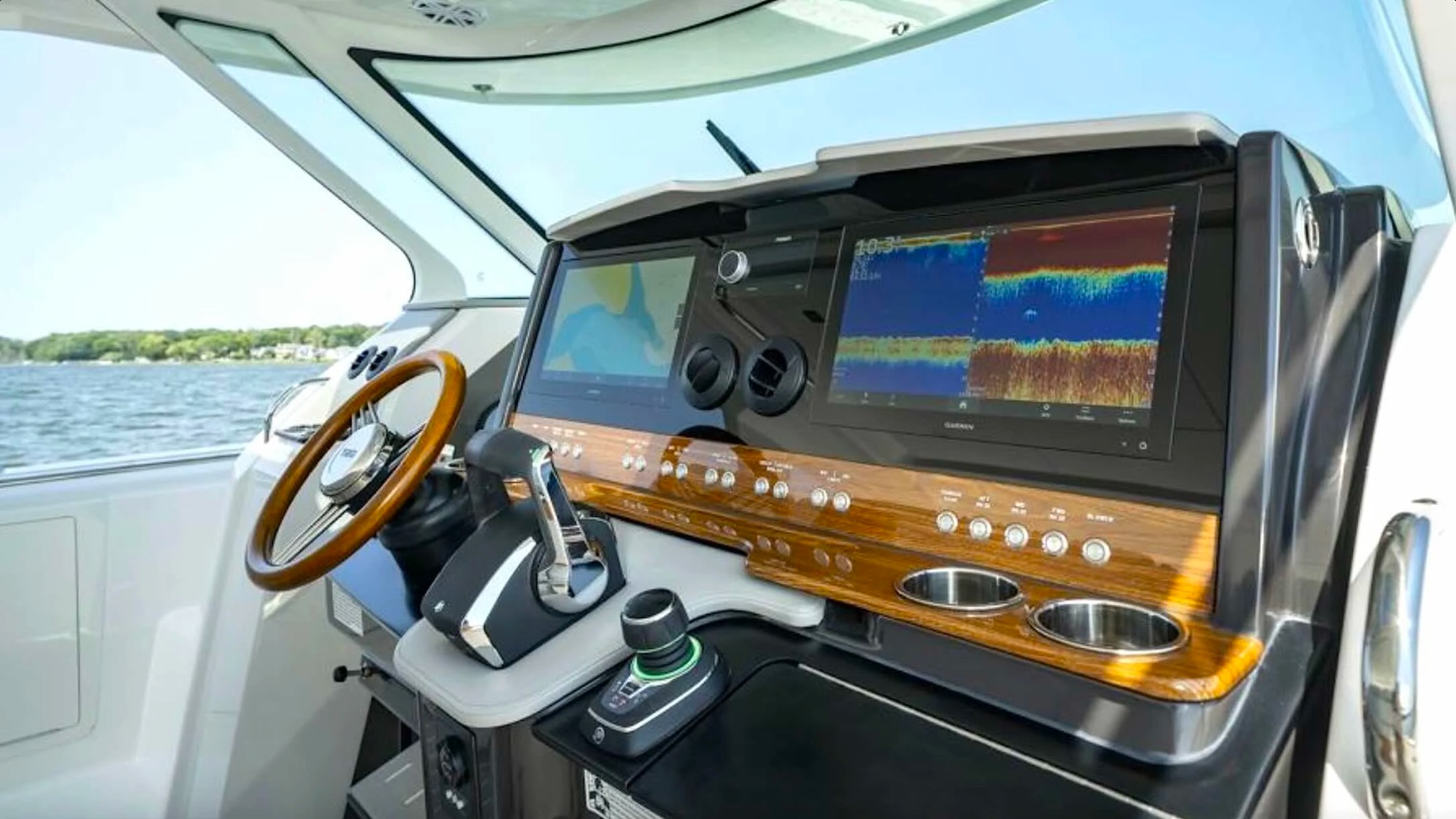 41' Tiara Boat Rental featuring advanced Garmin helm and premium navigation controls in Riviera Beach.
