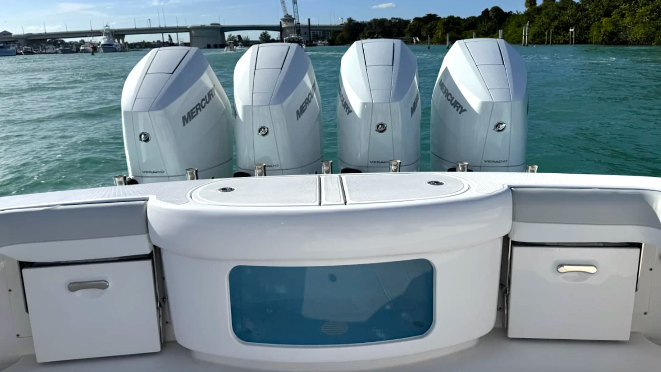 Quad Mercury Verado outboard engines powering the 43' Mag Bay Boat Rental in Riviera Beach for exceptional performance.