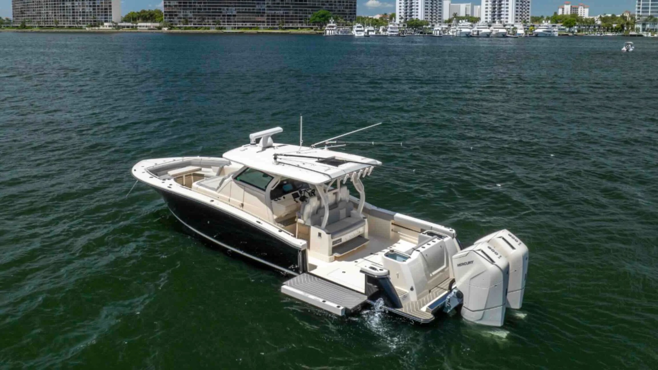 Aerial rear-quarter view of a 43' Scout Boat Rental in Palm Beach Florida.