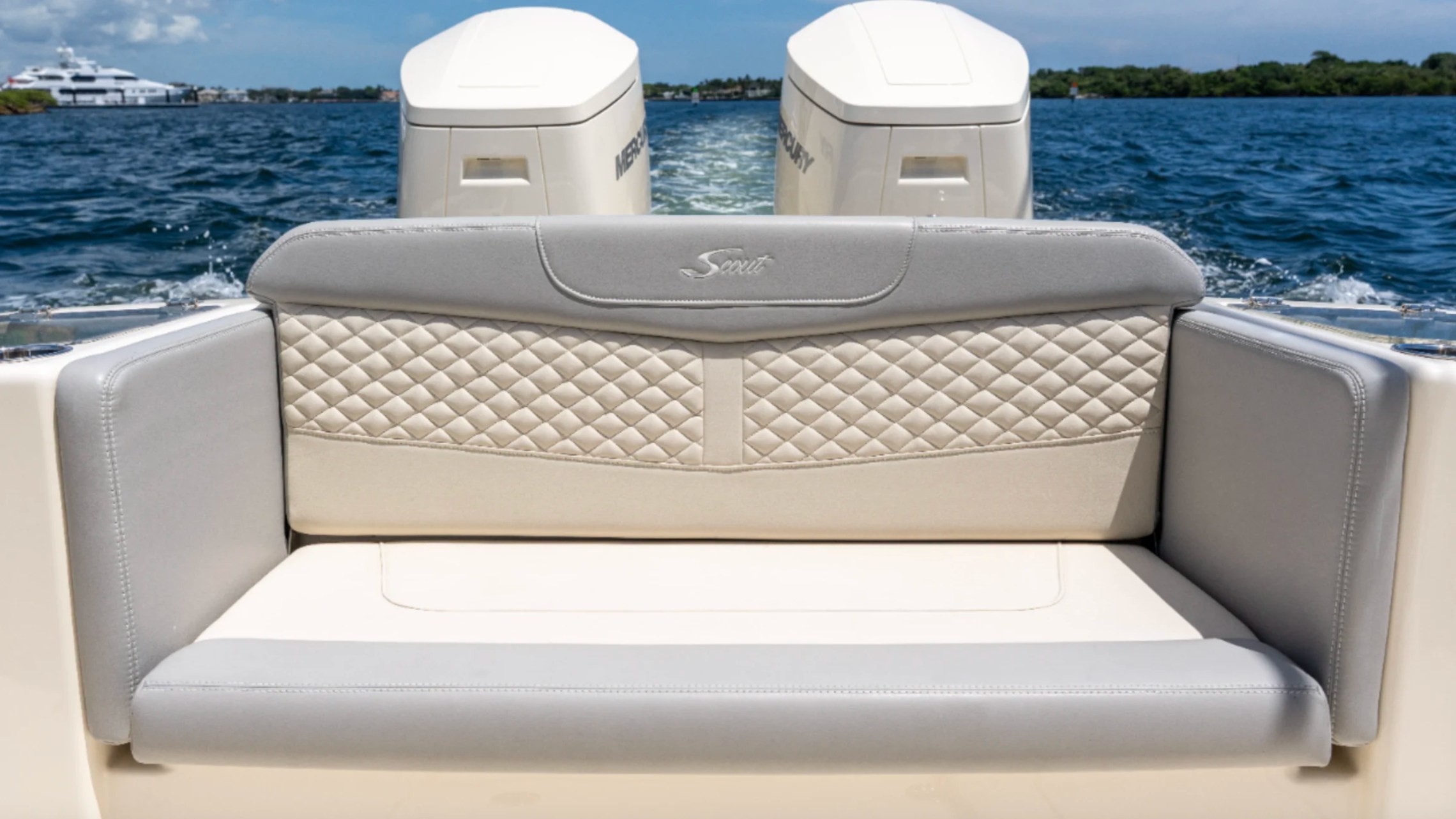 Premium aft bench seating aboard a 43' Scout Boat Rental in Palm Beach.