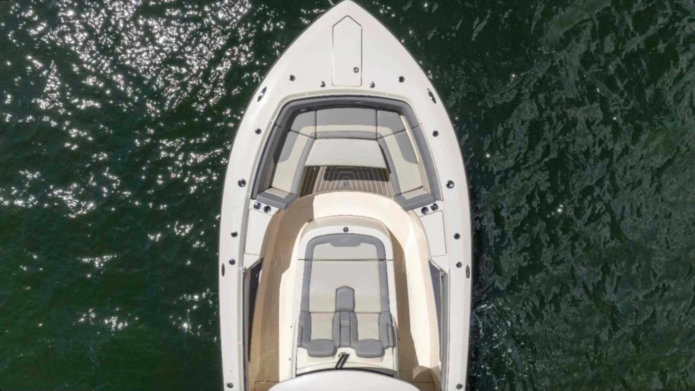Top-down view of the bow seating on a 43' Scout Boat Rental in Palm Beach.