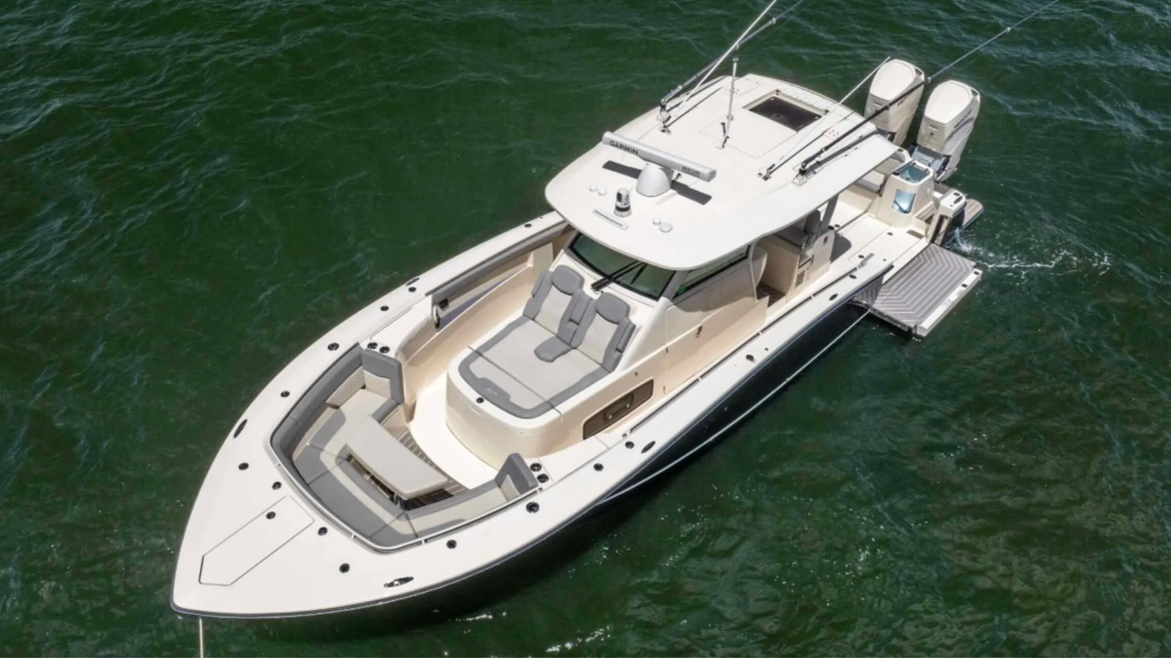 43' Scout Boat Rental anchored in Palm Beach Florida with spacious bow seating.