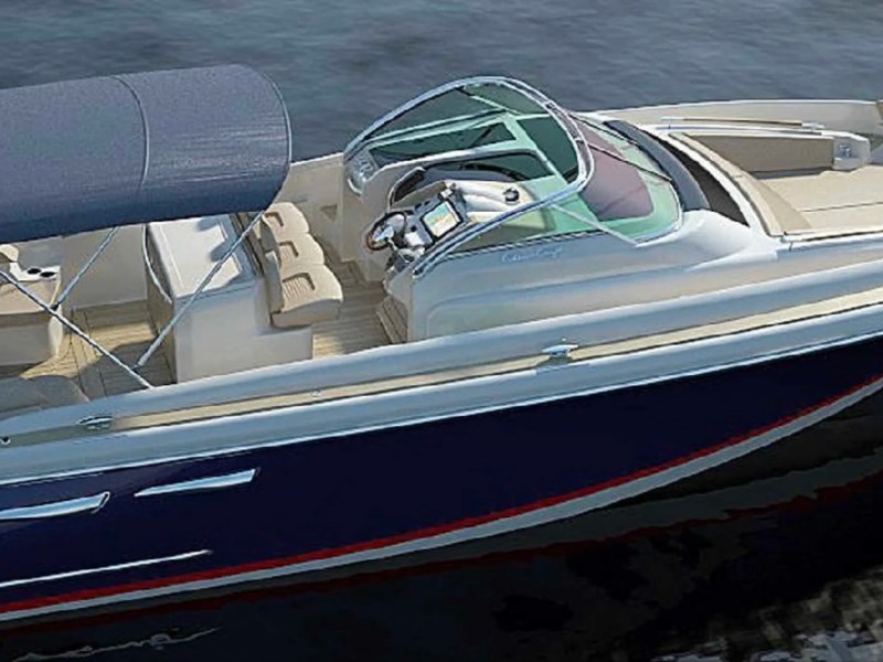 Side profile of a 38' Chris-Craft Boat Rental in Riviera Beach featuring spacious bow seating, premium helm and Bimini top.