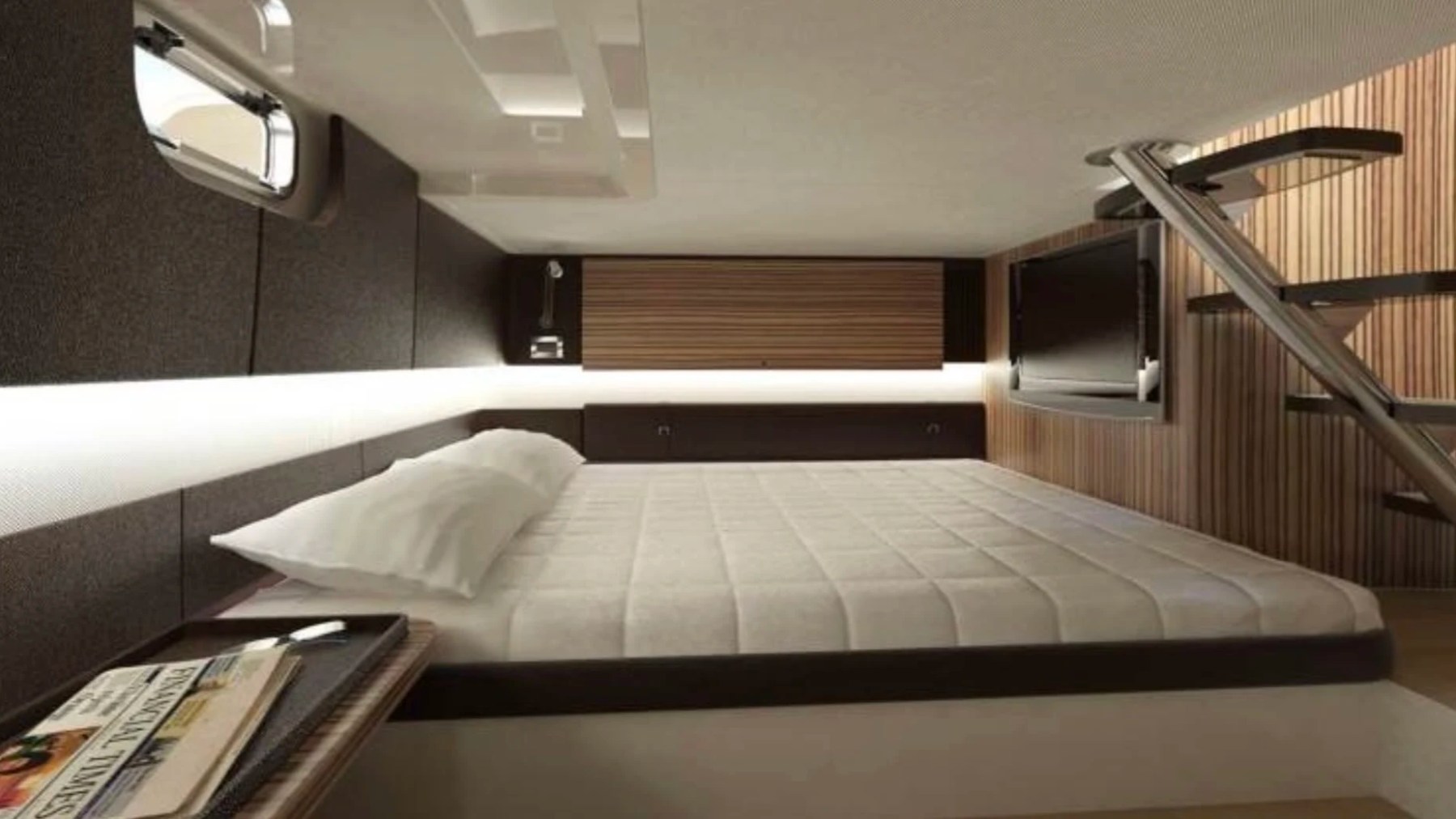 Private cabin aboard a 38' Chris-Craft Boat Rental in Riviera Beach featuring a queen berth, wood accents and modern interior.