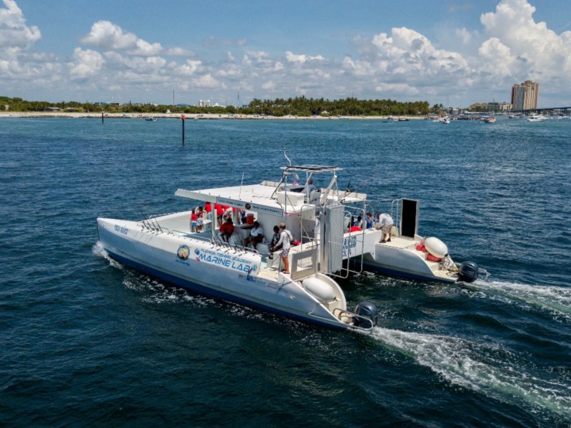 Aerial view of a 49' PowerCat Boat Rental cruising near Peanut Island from Riviera Beach Florida.