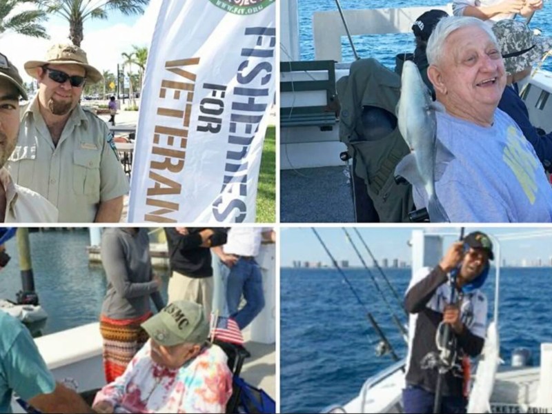 Veterans enjoying an accessible fishing trip aboard a 49' PowerCat Boat Rental in Riviera Beach Florida.