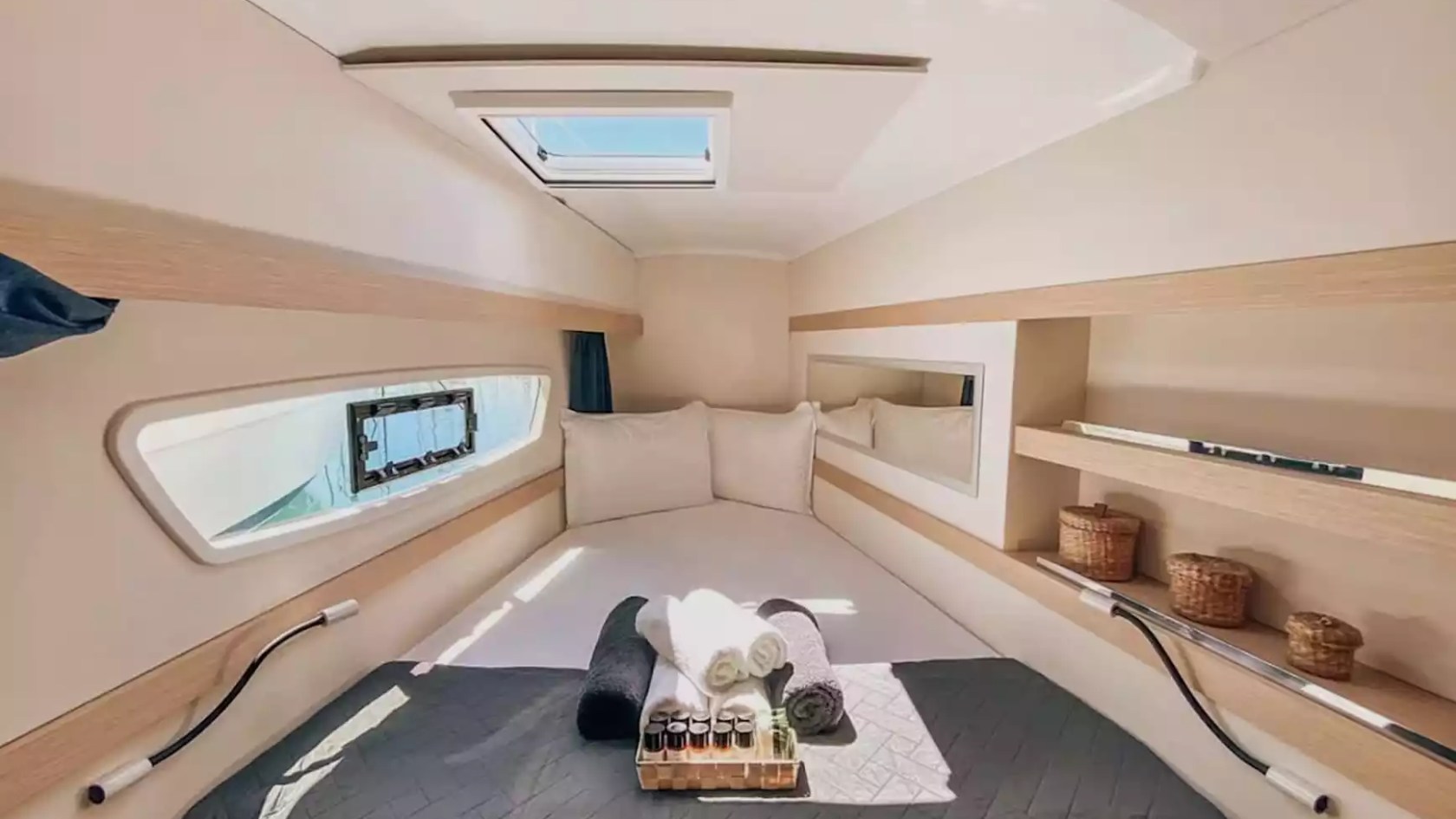 40' Fountaine Pajot Boat Rental with bright private cabin, double bed and overhead hatch.