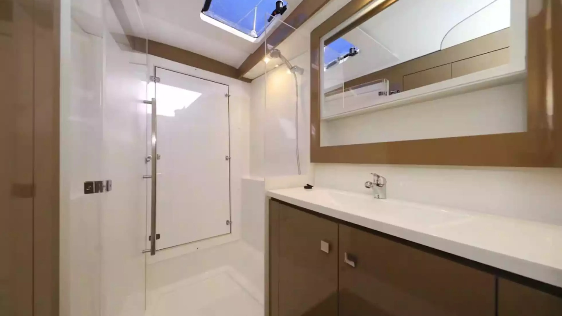 40' Fountaine Pajot Boat Rental with private bathroom, walk-in shower and modern vanity.