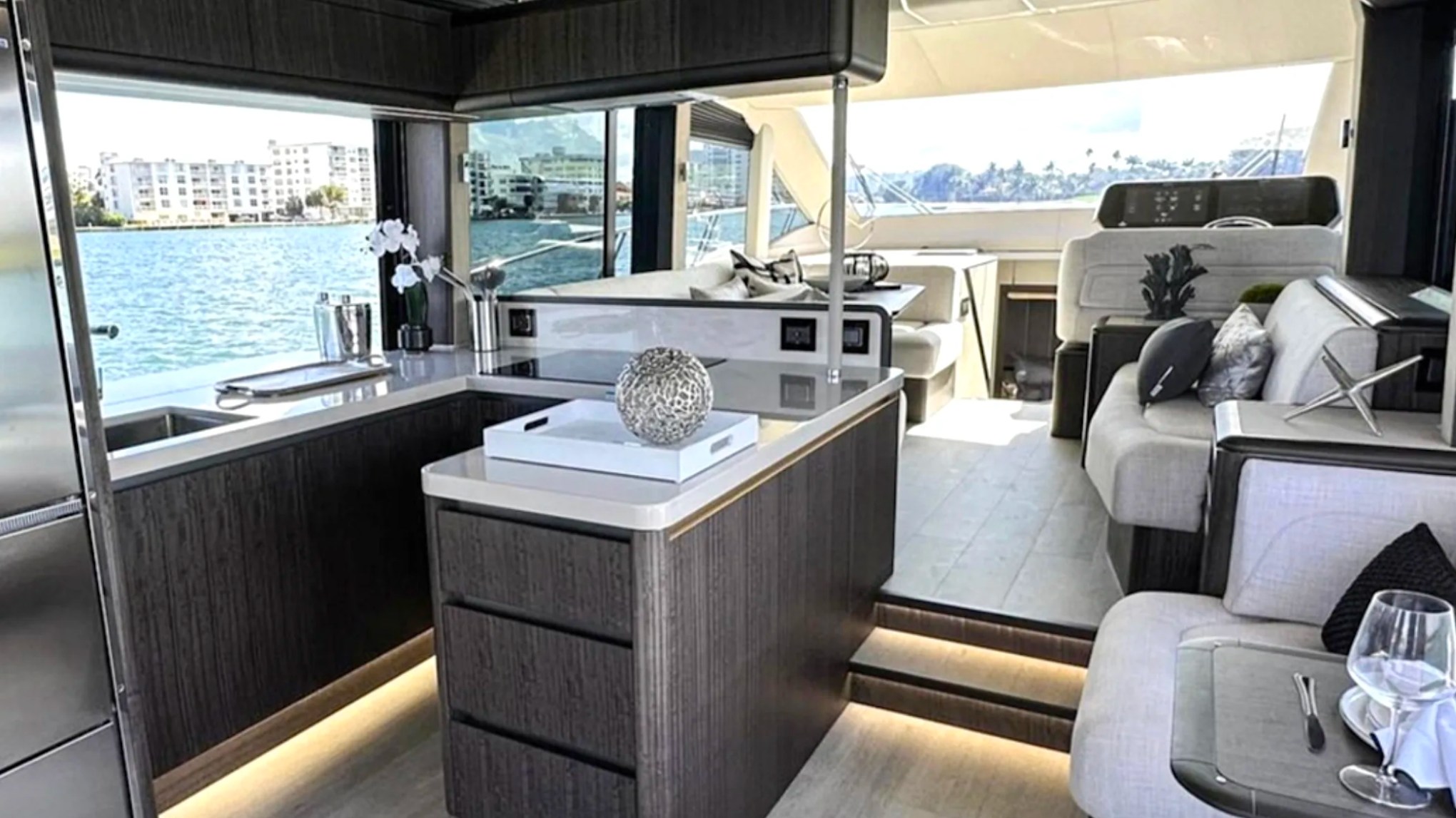 58' Galeon Yacht Charter with luxury salon, galley and panoramic waterfront views in Fort Myers, Florida.