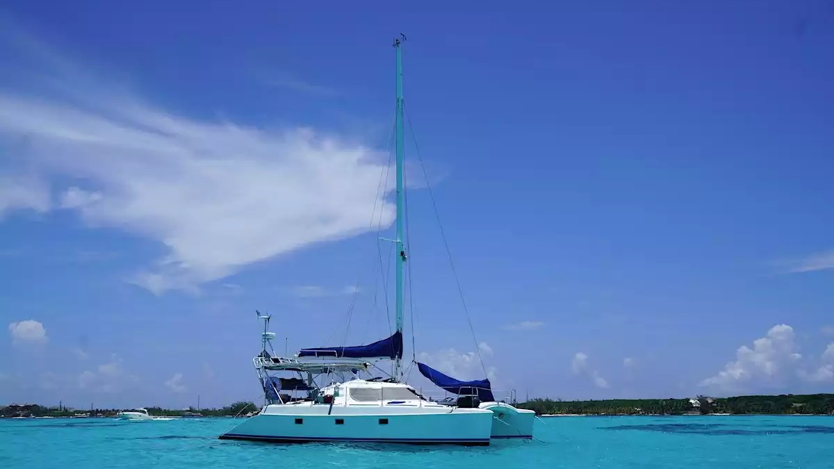 Sailing catamaran anchored in brilliant turquoise water beneath a clear blue tropical sky with a tall mast and spacious deck.